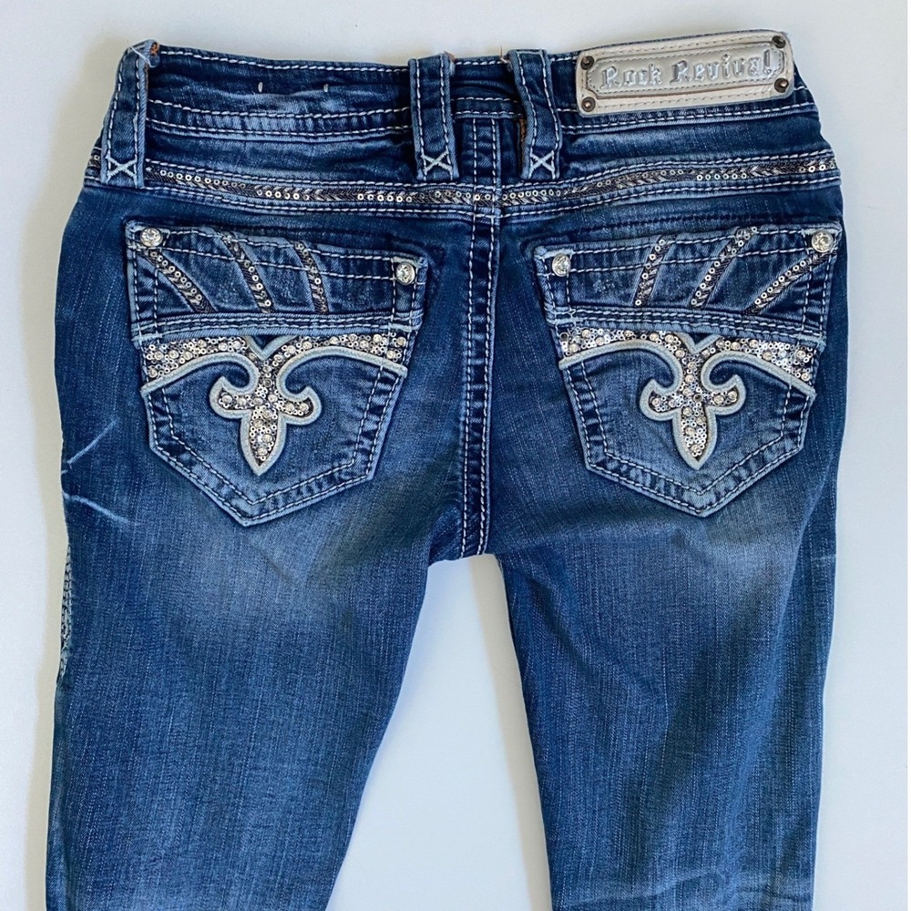 Rock Revival Darcey Crop Jeans Womens 25 Dark Wash Distressed Sequin Rhinestone - Picture 6 of 9